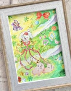 水彩画 クリスマスイラスト スイーツ×動物 手描きイラスト 額装付き