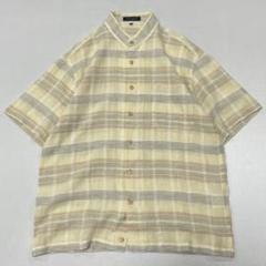 90s Vintage 国産 リネン バンドカラー チェック S/S シャツ