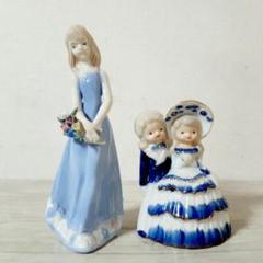 陶器人形　少女　花束　幸せ運ぶ　HAPPY BELL ベル　青