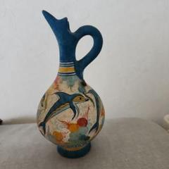 【アンティーク】壺　水差し　ギリシャ　ハンドメイド アンティークな美しい陶器のシロップ水差し。ピューター製の蓋