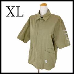 半袖ミリタリー風シャツ 比翼仕立て 変形ポケット XL カーキ系