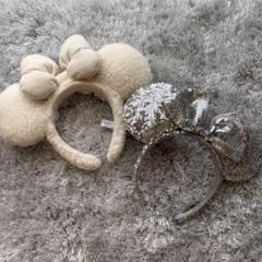 ディズニー カチューシャ2点セット ミニー スパンコール シルバー もこもこ 白