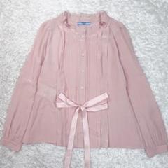 【美品】プラダ シルクブラウス フリル ピンタック リボン Lサイズ ピンク 美品】プラダ シルクブラウス フリル ピンタック リボン Lサイズ