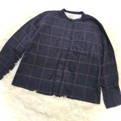 無印良品 ネルシャツ(L)チェック柄 ネイビー コットン バンドカラー ふるじょ