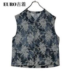 90sヴィンテージEURO古着 刺繍入りベスト L 光沢のあるグレー 総柄