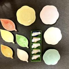 葉っぱ型の小皿・小鳥の箸置き・花皿 セット 陶器製 - メルカリ