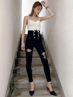 GYDA H/W ハイウエスト ダメージスキニーウエストパンツ 黒 XS GYDA H/W ハイウエスト ダメージスキニーウエストパンツ 黒 XS