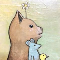 自作絵画　頭の上の白い花　猫とネズミとトリの絵