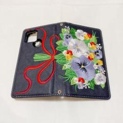 Google pixel 5 ケース 花束刺繍 ネイビー 手帳型 パンジー