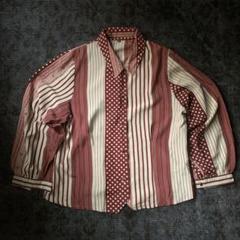 希少 90s 総柄シャツ レトロ 赤 ドッド柄 ストライプ 一点物 古着