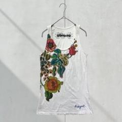3234【デシグアル】デザインタンクトップ　春夏　ボタニカル　花柄　ビーズ　白
