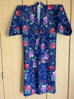 浴衣　単品　青　赤と紫の花柄　レトロ