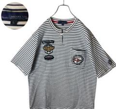 ミリタリー風ワッペン×ボーダー ひとつボタンスキッパーTシャツゆったりサイズ