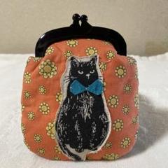 布製、猫のイラストをパッチワークしたがま口財布、小物入れ