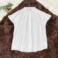 GU【M】バンドカラーシャツ 半袖 涼感 ゆったり 白 オフィス 上品フレア