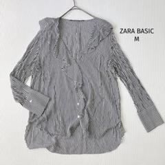 ザラベーシック ブラウス【M】ストライプ フリルスリーブ 黒×白 長袖