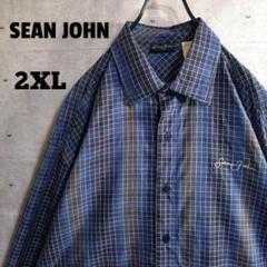 ショーンジョン★ビッグサイズ グラデーション チェック 長袖 シャツ 青 2XL