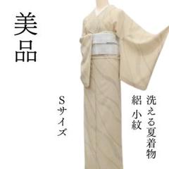 美品 夏着物 正絹 絽“三つ葉や双葉に小さなつぶつぶを連れた風”小紋 Q-39 新品 縦絽 笹の葉 夏着物 正絹 仕付け糸付“素敵な錯覚を連れた笹
