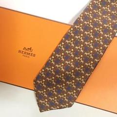 美品 エルメス HERMES ネクタイ ブラウン H柄 / 動物柄 / ホース