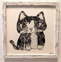 手作り額付き銅版画応用絵画　title「未來ニャンコ」 額付き銅版画応用絵画 title「未來ニャンコ」