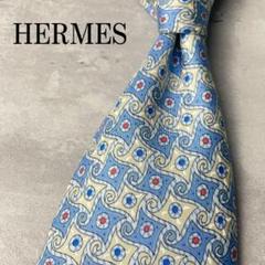 美品 HERMES エルメス ドット柄 格子柄 謎柄 ネクタイ 水色