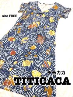 TITICACA チチカカ　インド製　総柄ロングワンピース 熱帯魚　Vネック