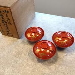 大正〜昭和初期 松 松絵 お椀 3客セット 朱 赤 木製 漆塗 蒔絵