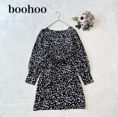 【ブーフー】 膝丈ワンピース（S)リボン フレア フェミニン ジップアップ