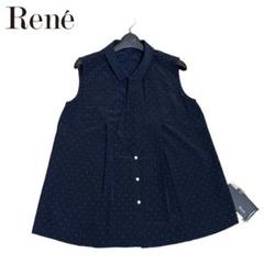 新品　Rene　ルネ　ボウタイ付き　ドット　ノースリーブ　ブラウス　パールボタン