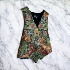 【USA製　ベスト　レトロ　ゴブラン織り　刺繍 ボタニカル　メタルボタン】