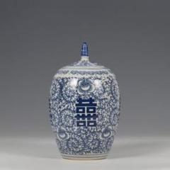 青花  喜字丸缶お  茶の缶  陶磁器 装飾品 現代工芸品美術品 置物 種類豊富な品揃え 陶磁器 茶の缶 喜字丸缶お 青花 装飾品 置物