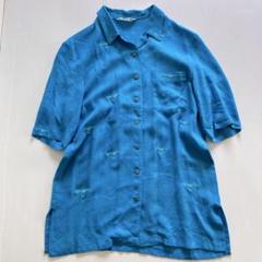伊太利屋　リネンブレンド　半袖　シャツ　ロゴ刺繍　水色