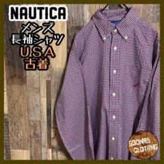 NAUTICA チェック レッド ネイビー ボタンダウン シャツ ロゴ 古着