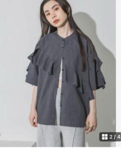 ☆JEAMASIS／ジーナシス☆サッシュフリルシャツSS☆グレー☆Fサイズ☆中古 ☆JEAMASIS／ジーナシス☆サッシュフリルシャツSS☆グレー☆F