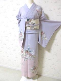 値下げ～金色の鳳凰と花・グレー訪問着・袷、正絹・美品　K‐78 振袖 美品 秀品 鳳凰 草花 金彩 染め分け 青灰色 袷 163.5cm 67cm M