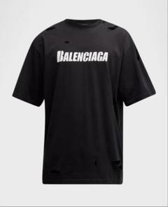 ●送料込●BALENCIAGA●デストロイ ダメージ加工ロングTシャツ バレンシアガ デストロイ ダメージ加工 ロゴ刺繍 ロンT ワイド