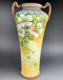 【超大型・訳アリ】オールドノリタケ 約３１．５㎝　花紋盛上げ花瓶 クレマチス 超大型・訳アリ】オールドノリタケ 約31．5㎝ 花紋盛上げ花瓶