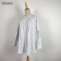 denier 日本製 ストライプ バンドカラー チュニック ブラウス