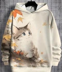 猫イラストのクリーム色パーカー