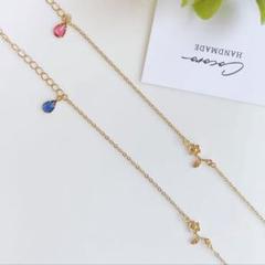 お花チャームとしずく型ジルコニアチャームのブレスレット（ピンク）＊ハンドメイド