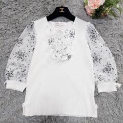 美品 Super Beauty シフォンスリーブ 花柄 フリル リボン ニット