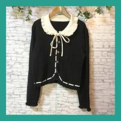 VEGA CHANG◆ニットカーディガン（M)　フリル襟　ブラック　大人可愛い