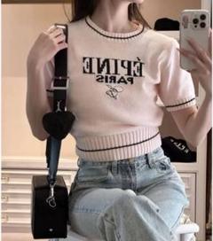 ÉPINE PARIS ロゴ入り ニットトップス 半袖 ピンク
