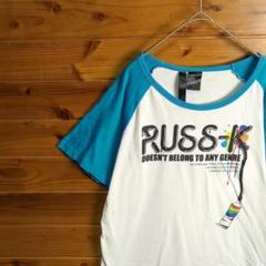RUSS・K　ラスケー　半袖Tシャツ　ラグラン袖　Ⅼ　白　水色　デザインプリント
