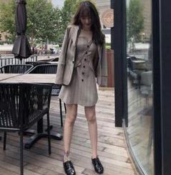 韓国 ファッション レディース セットアップ チェック ジャケット ワンピース