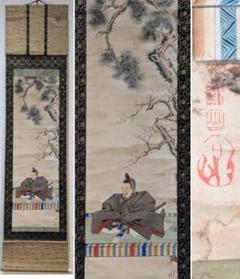【まとめ買い】 真作】掛軸 天神図 合 時代風合い 高貴な武士肖像 松と梅の背景 絵画