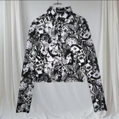 モノクロアート 総柄シアーシャツ メッシュトップス 長袖ユニセックス 透け感