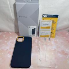 iPhone14Plus用 ケース ネイビー 強化ガラス 2枚セット