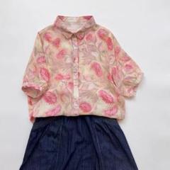 夏物 ピンク系 薄手 プリント シャツ ブラウス 半袖 ゆったり レディース