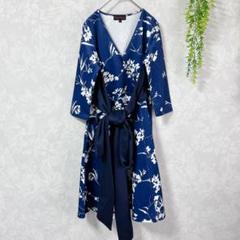 花柄ネイビーラップドレス ピナップコレクション】花柄ワンピネイビー Sフレア 七分袖